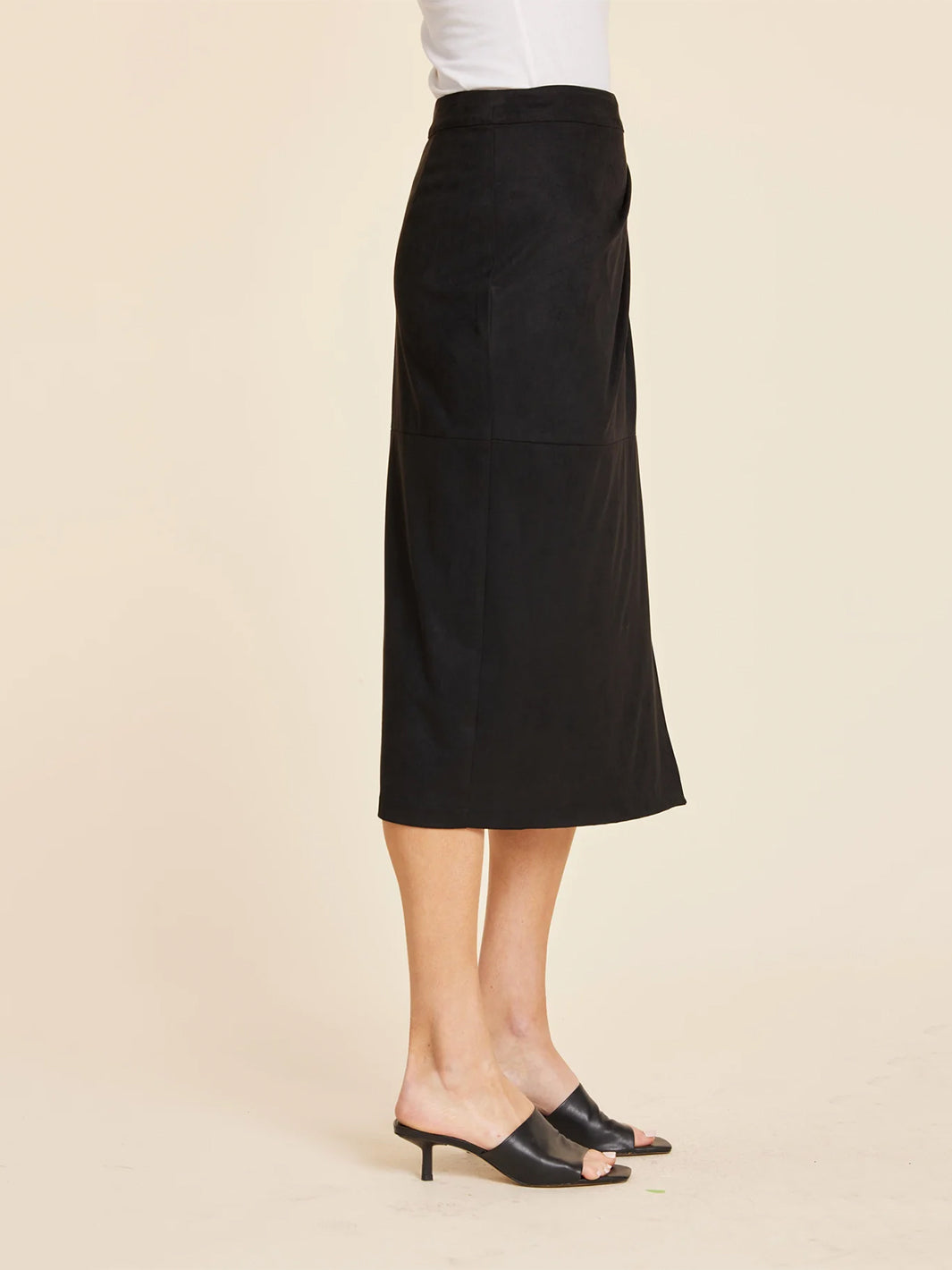 Faux Suede Ruched Midi Wrap Skirt in Black