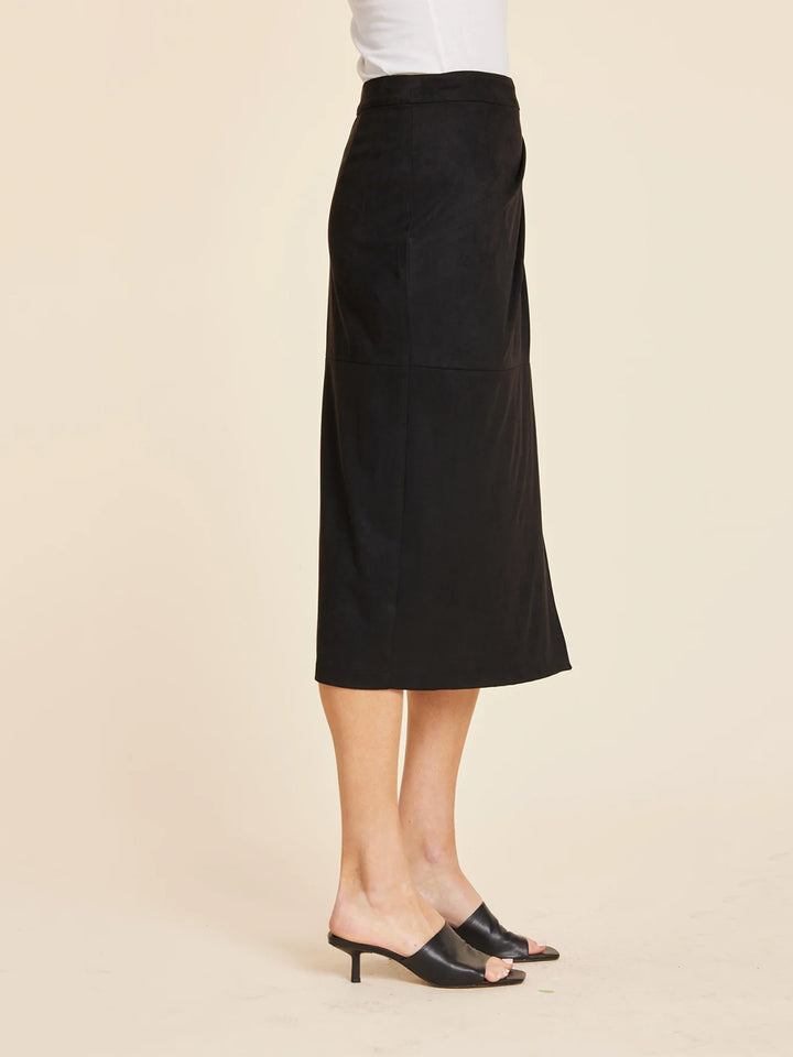 Faux Suede Ruched Midi Wrap Skirt in Black