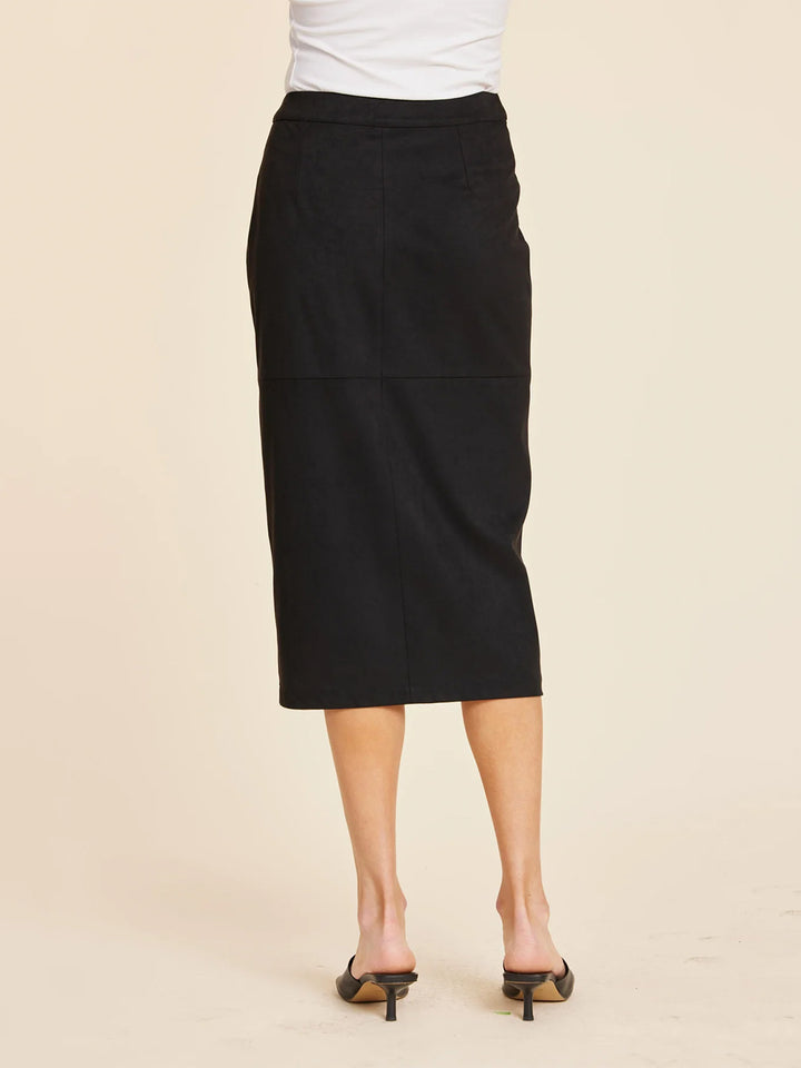 Faux Suede Ruched Midi Wrap Skirt in Black