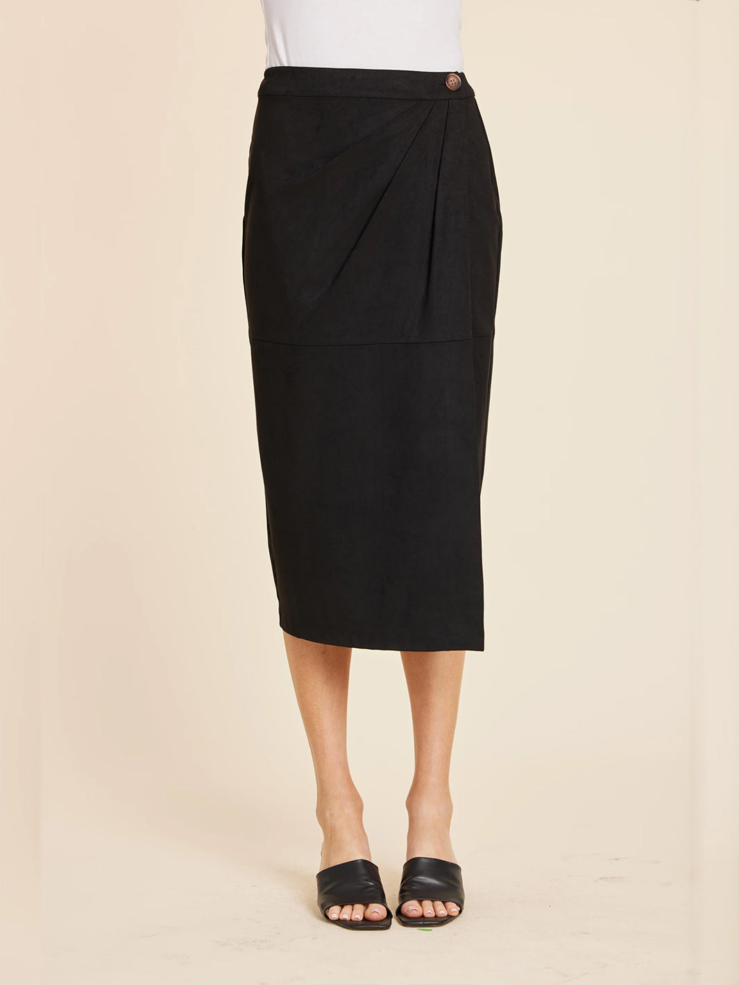 Faux Suede Ruched Midi Wrap Skirt in Black