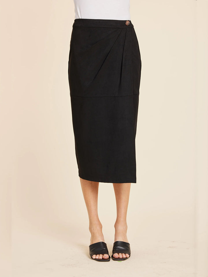 Faux Suede Ruched Midi Wrap Skirt in Black
