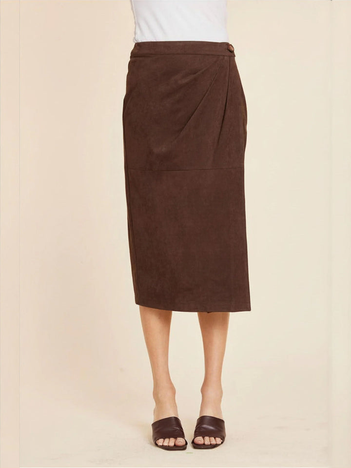 Faux Suede Ruched Midi Wrap Skirt in Coffee
