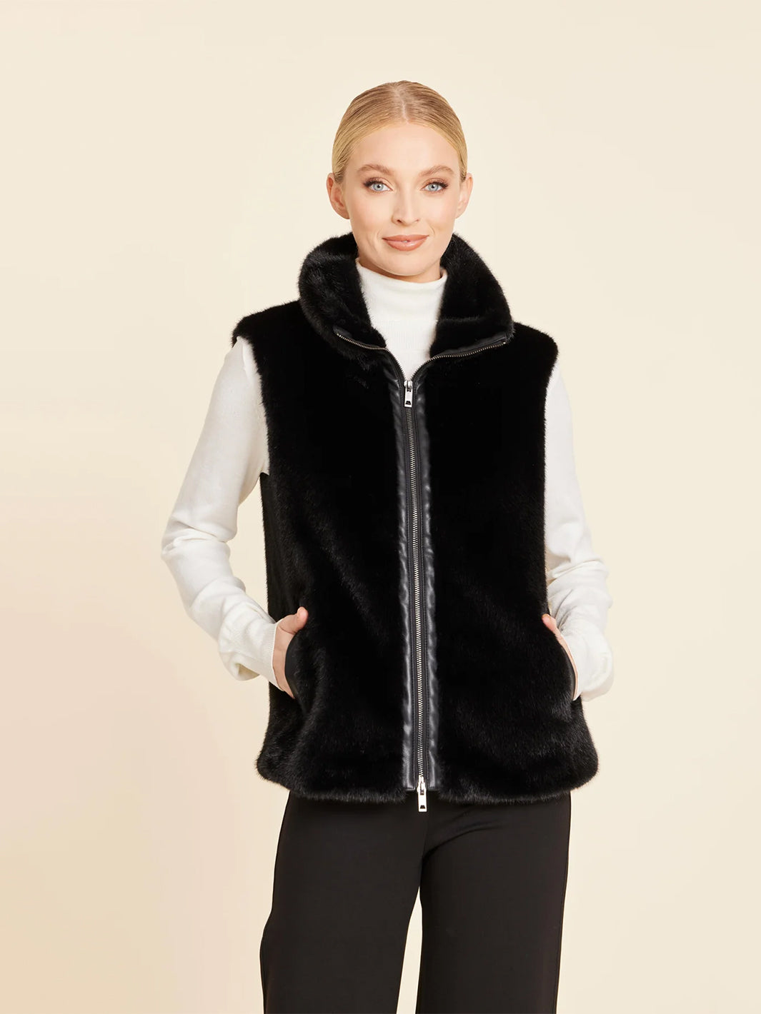 Faux Mink Fur Faux Leather Trim Vest in Black