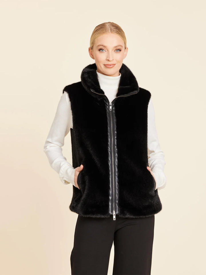 Faux Mink Fur Faux Leather Trim Vest in Black