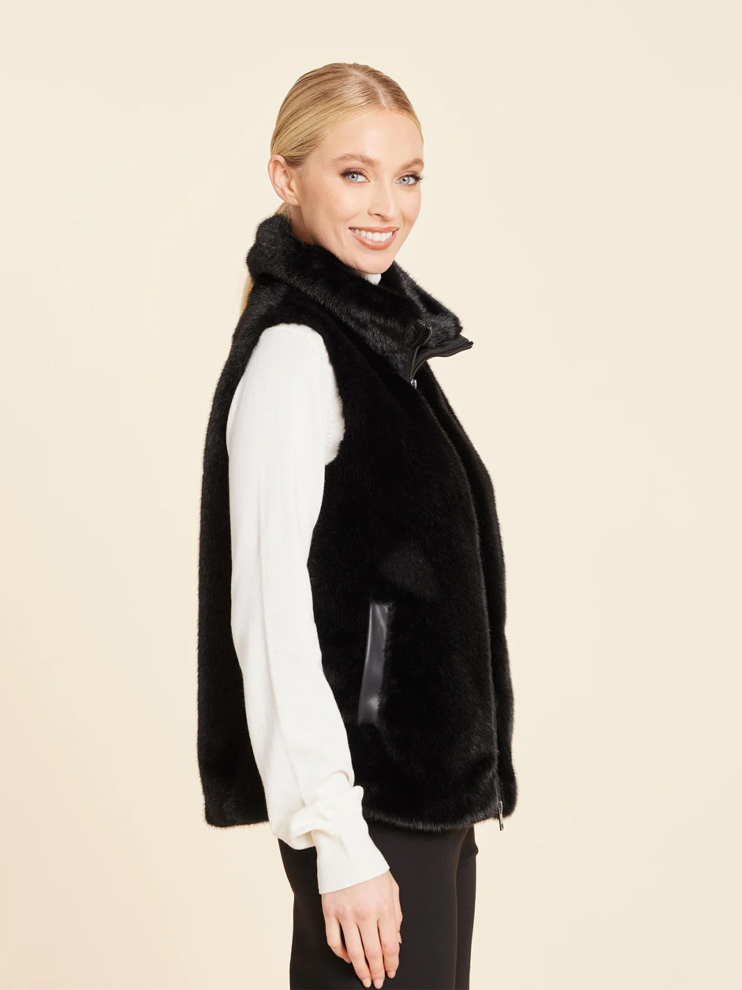 Faux Mink Fur Faux Leather Trim Vest in Black