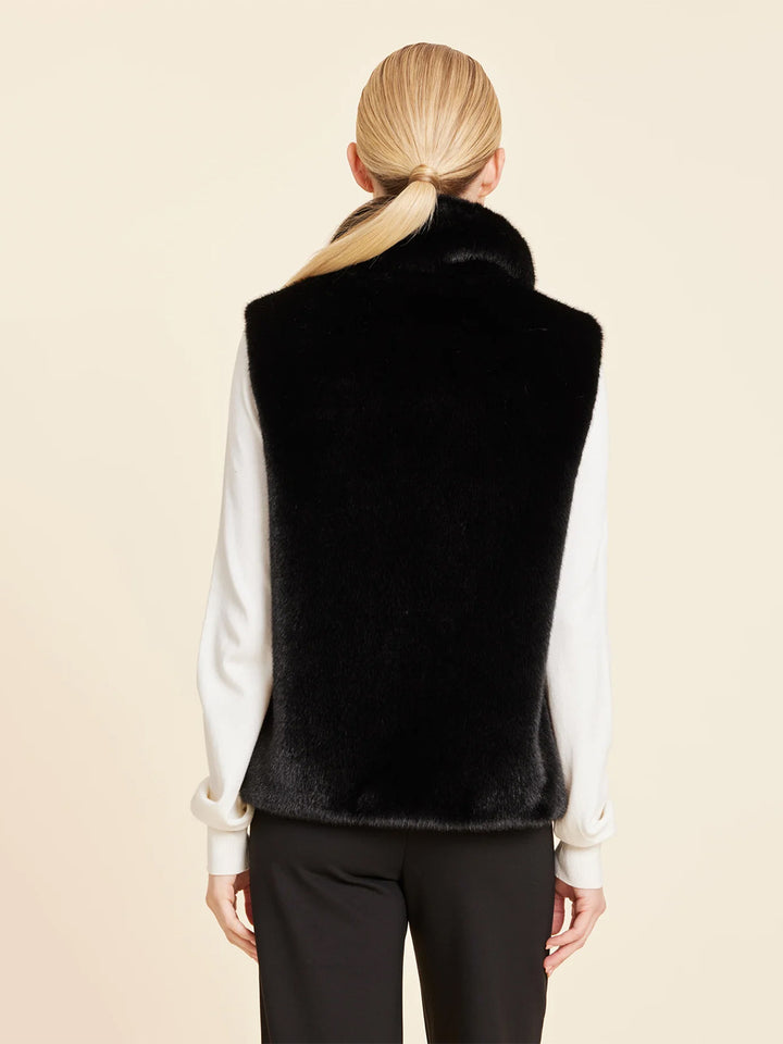 Faux Mink Fur Faux Leather Trim Vest in Black