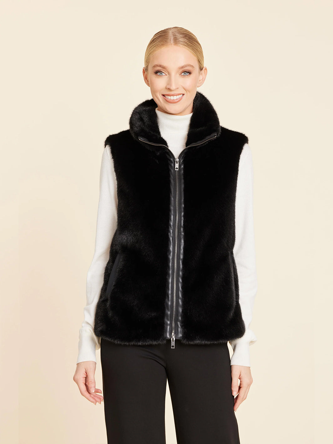 Faux Mink Fur Faux Leather Trim Vest in Black