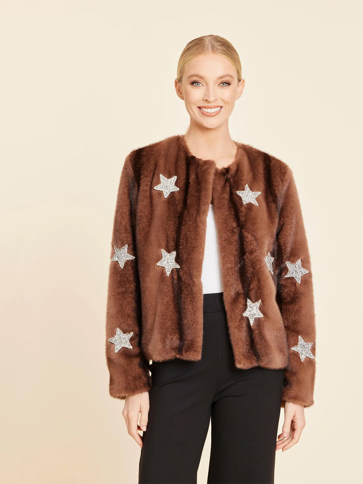 Faux Fur Star Embellished Jacket in Brown