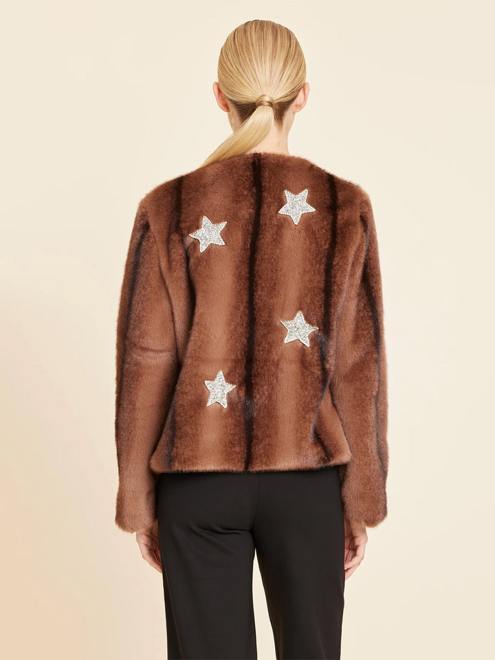 Faux Fur Star Embellished Jacket in Brown