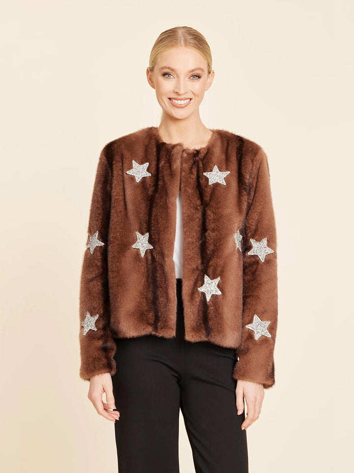 Faux Fur Star Embellished Jacket in Brown