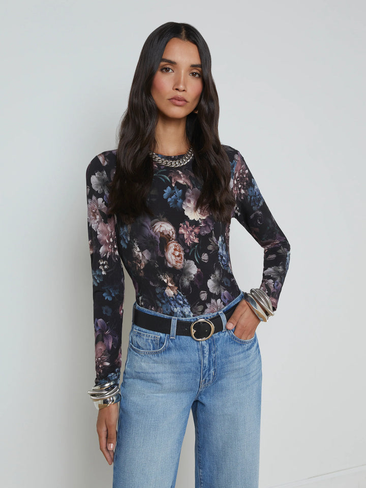 Tess Long Sleeve Crew Tee in Black Multi Vintage Oil Flower