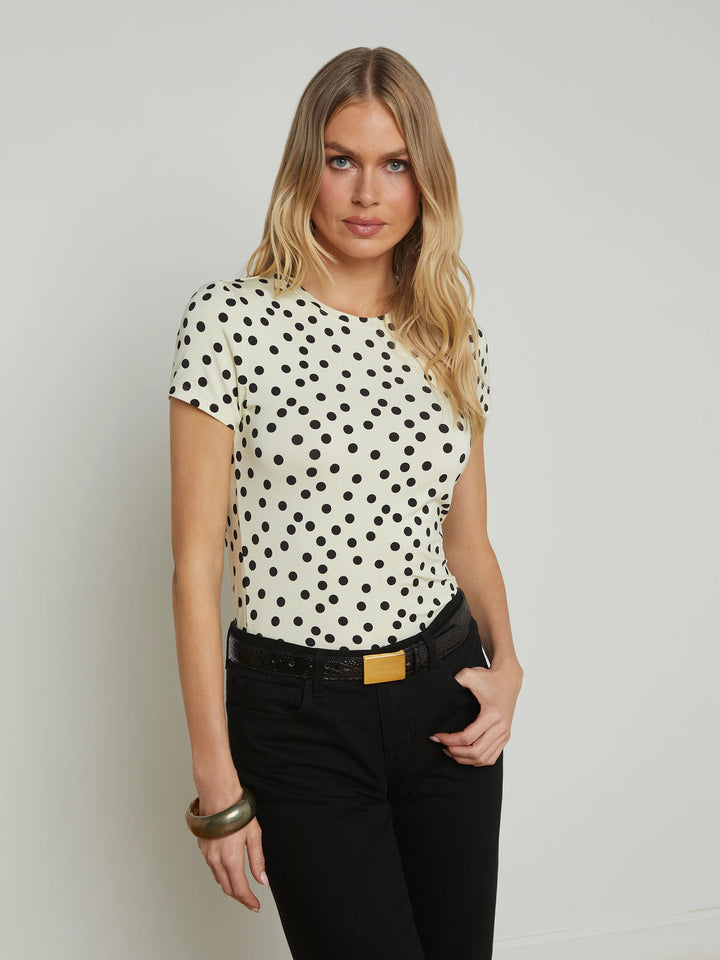 Ressi Short Sleeve Crew in Ecru/Black Polka Dot