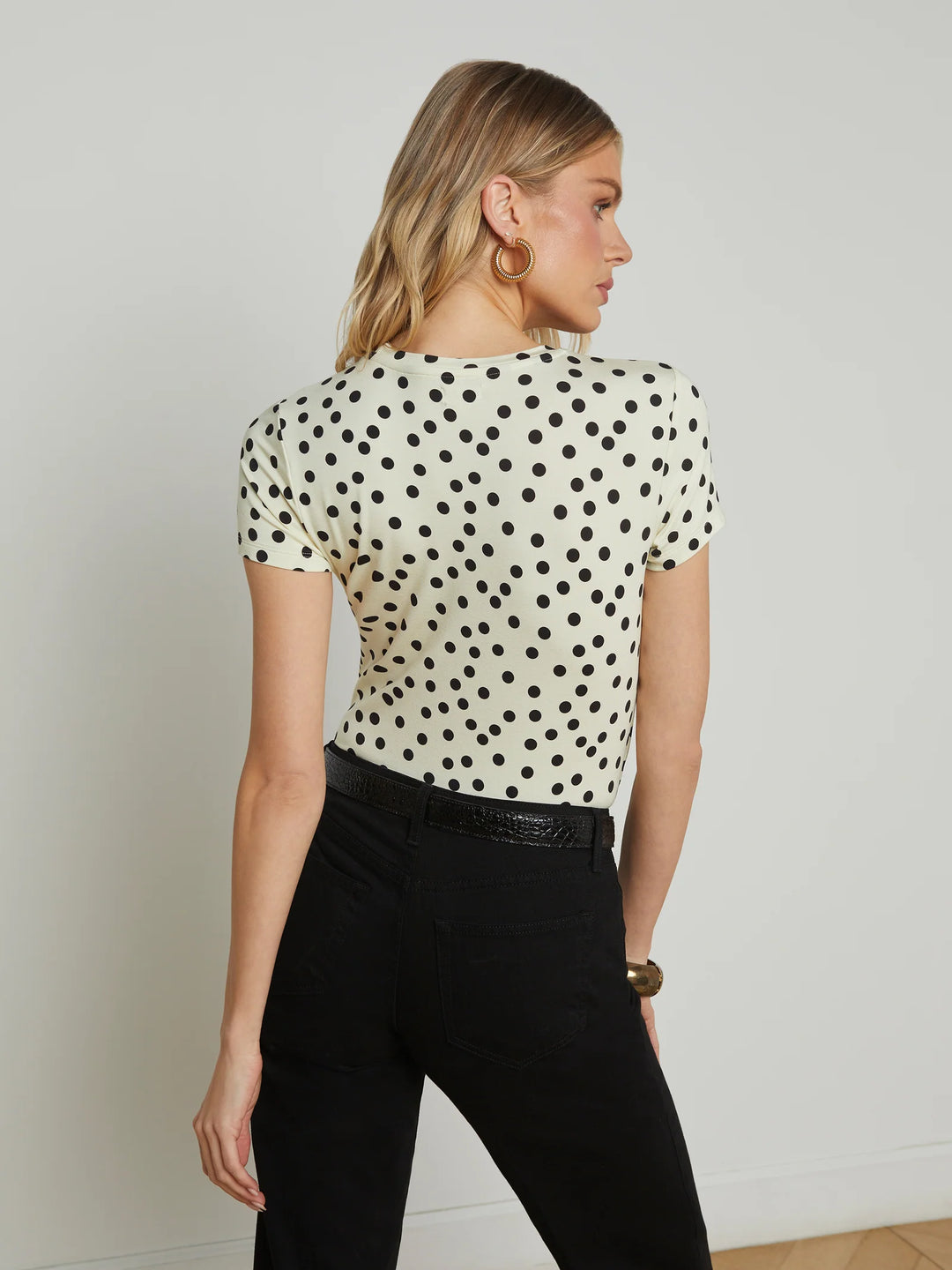 Ressi Short Sleeve Crew in Ecru/Black Polka Dot