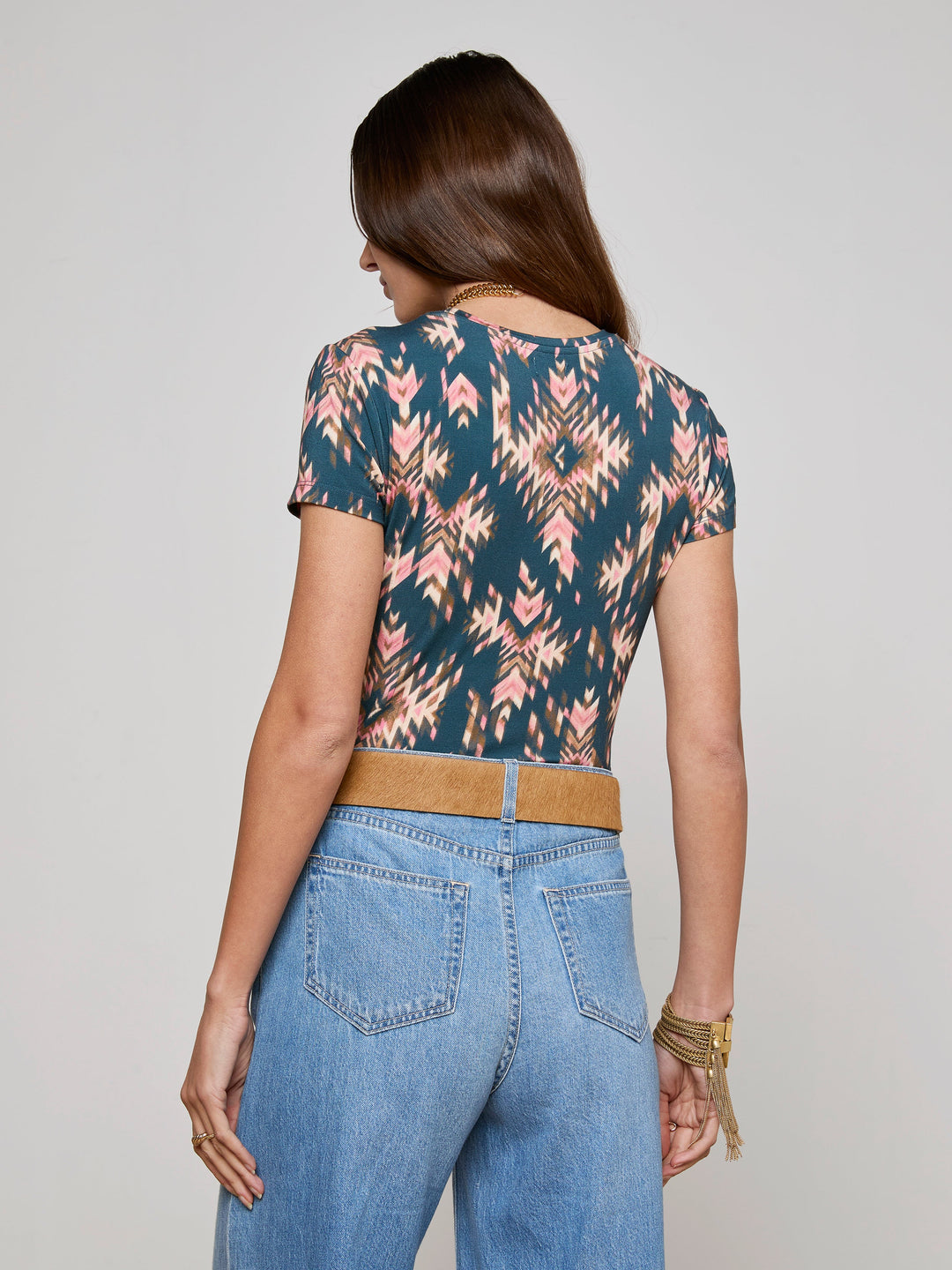 Ressi Fitted Crew Neck Tee in Charcoal Multi Ganado Print