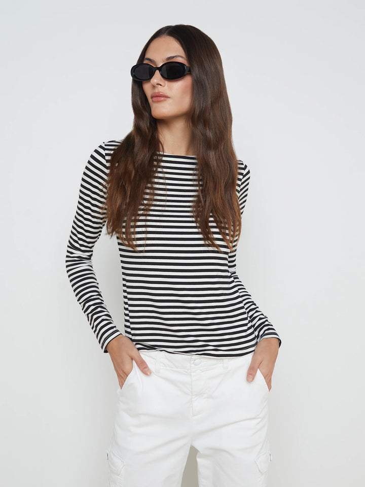 Tess Crewneck Long Sleeved Tee in Black/White Striped