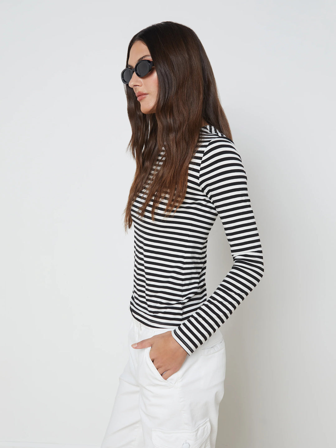 Tess Crewneck Long Sleeved Tee in Black/White Striped