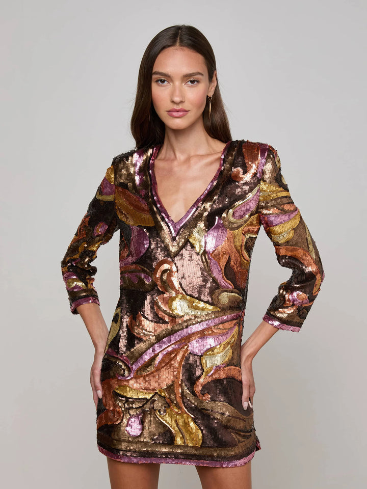 Octavia Sequin Shift Dress in Brown Pink Multi Large Abstract Paisley