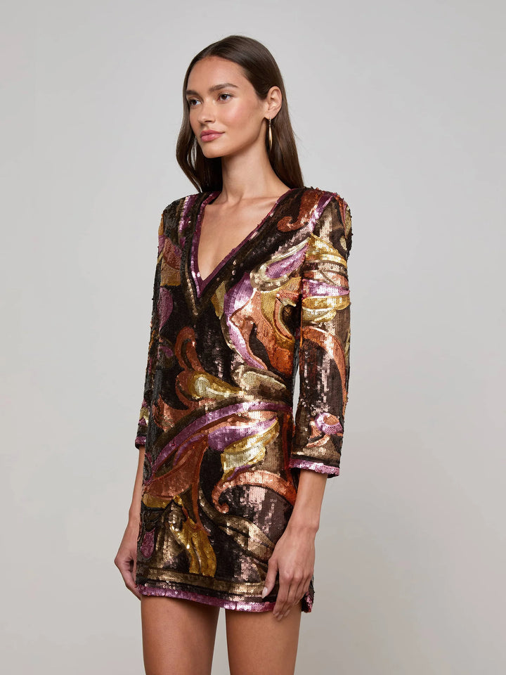 Octavia Sequin Shift Dress in Brown Pink Multi Large Abstract Paisley