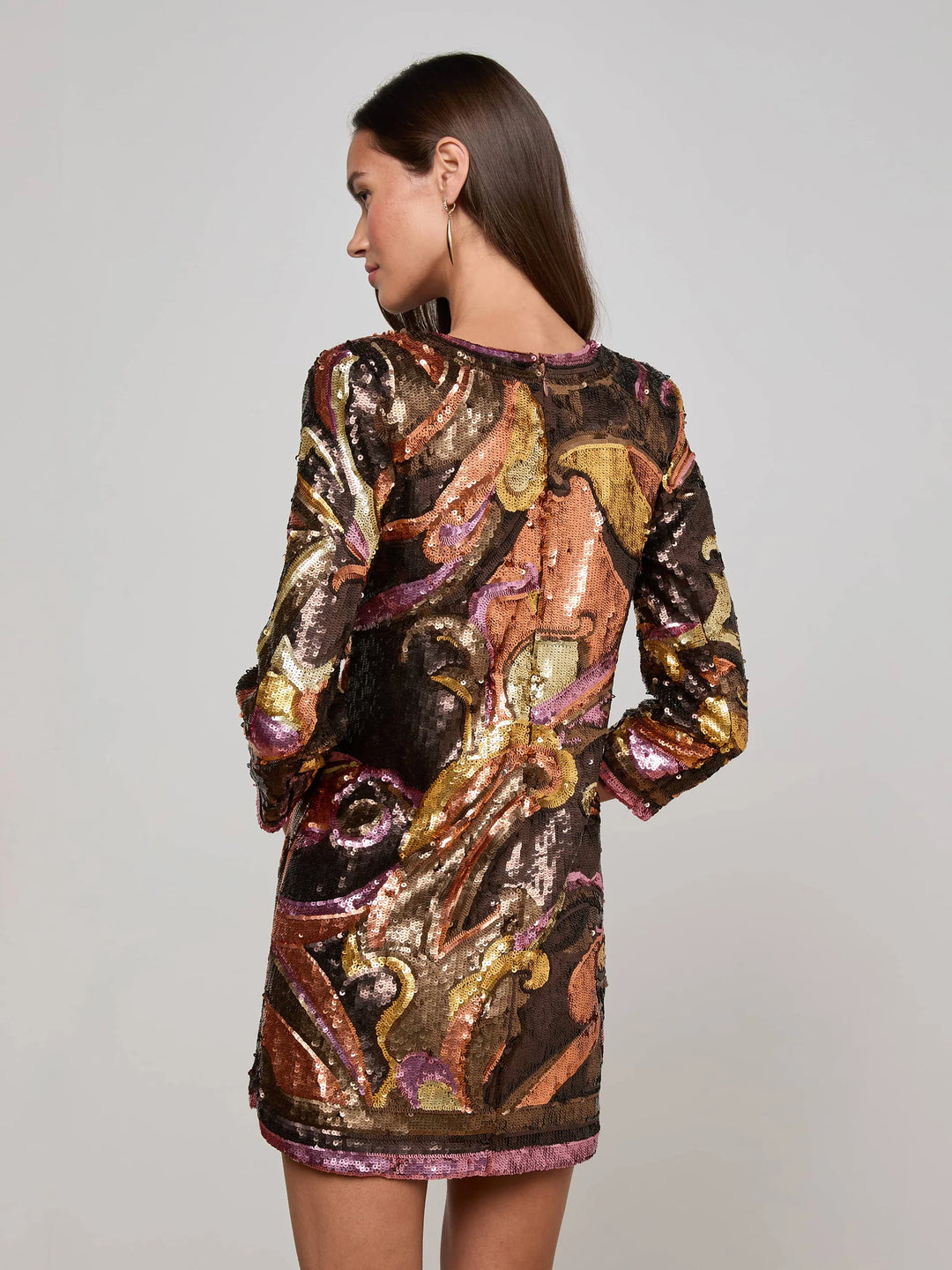 Octavia Sequin Shift Dress in Brown Pink Multi Large Abstract Paisley