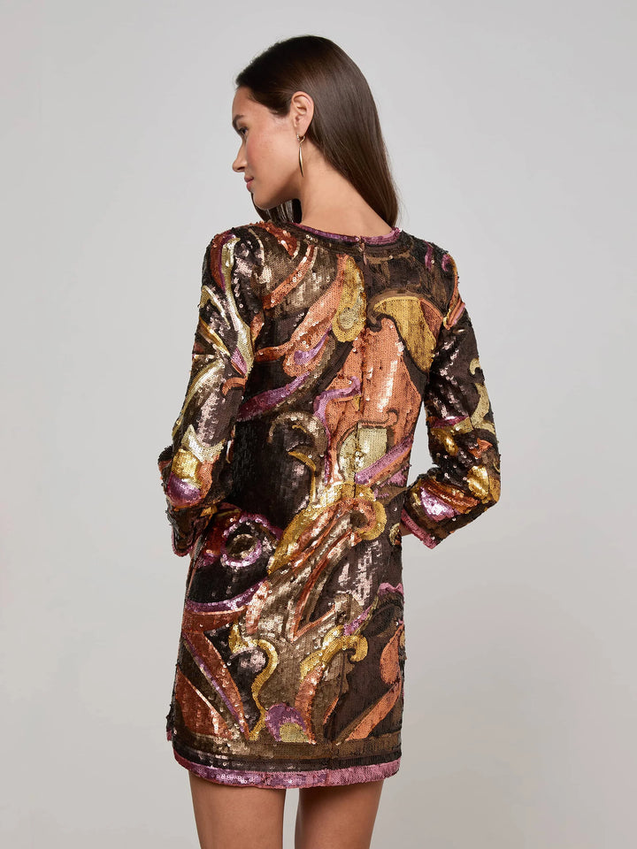 Octavia Sequin Shift Dress in Brown Pink Multi Large Abstract Paisley