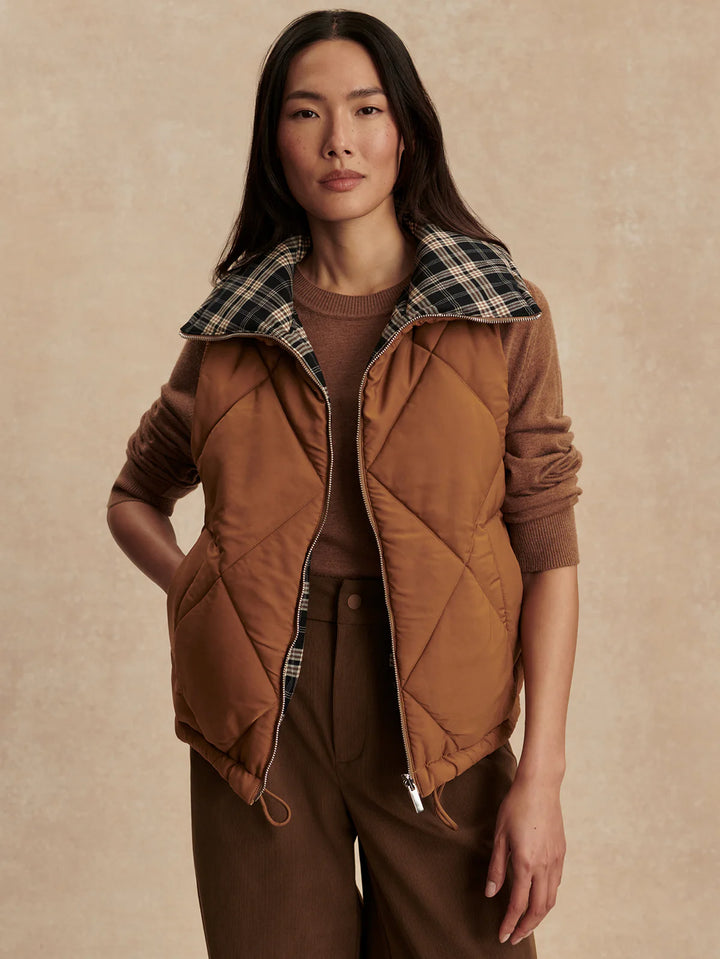 Miya Reversible Gilet in Golden Bronze/ Navy Check