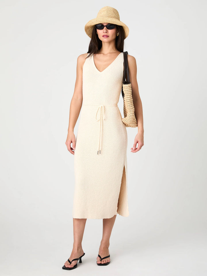 Terry V-Neck Midi Dress in Ecru