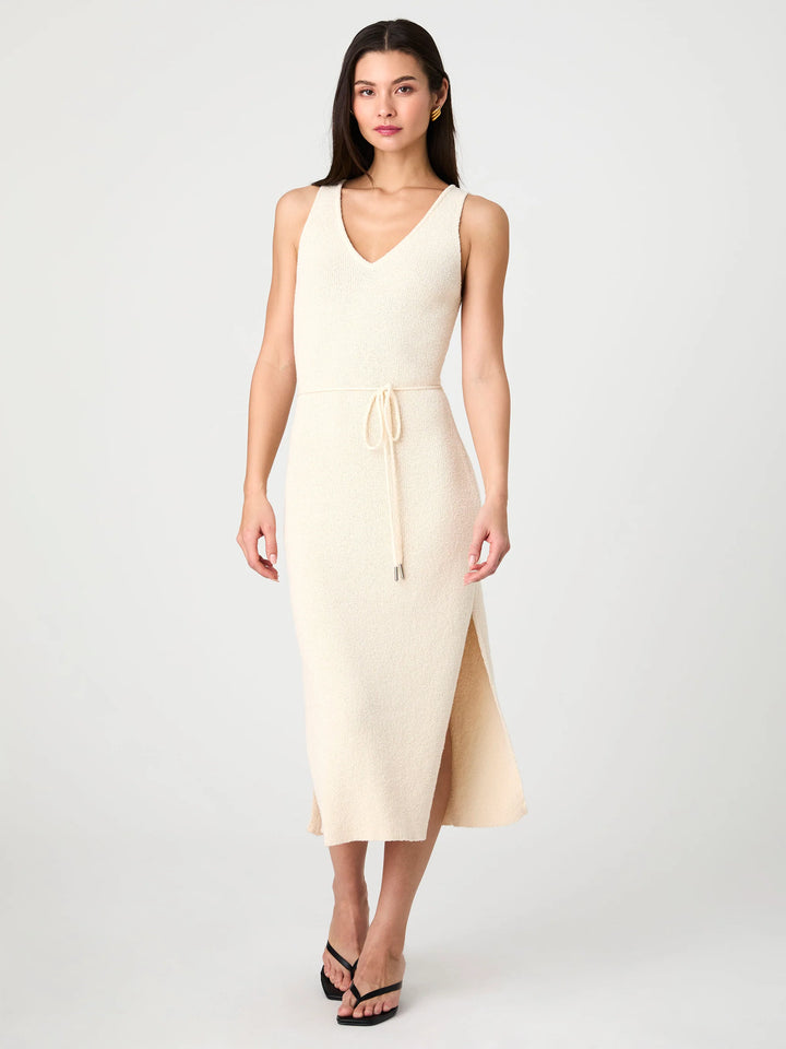 Terry V-Neck Midi Dress in Ecru