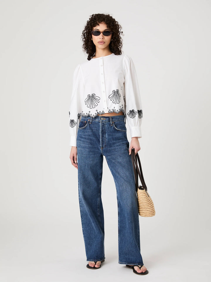 Cambria Embroidered  Top in White Navy