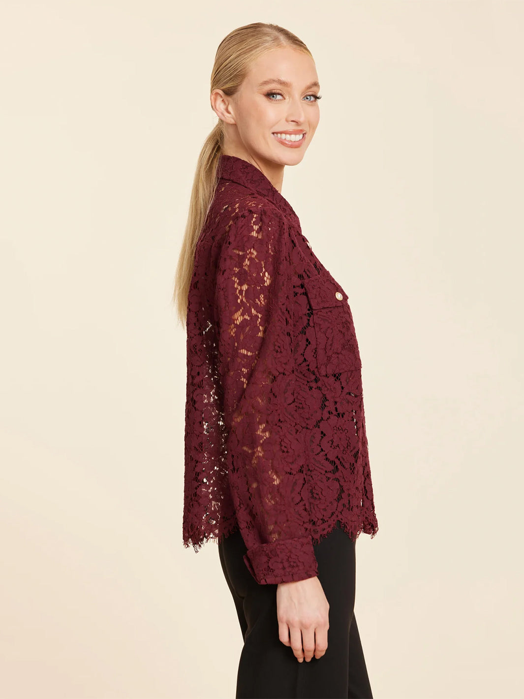 Floral Lace Pearl Button Longsleeve Blouse in Burgundy
