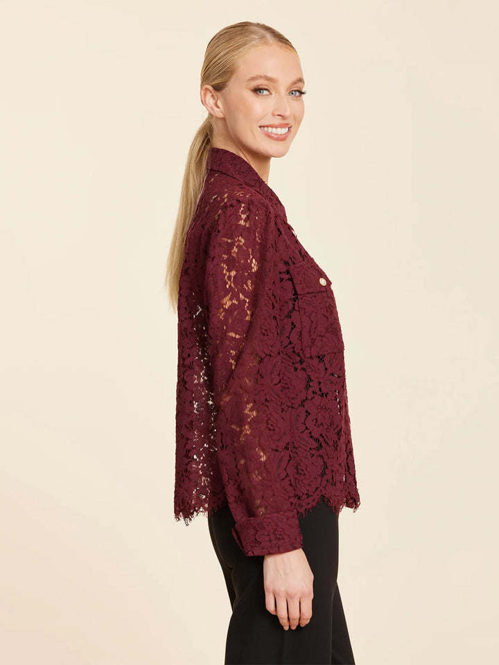 Floral Lace Pearl Button Longsleeve Blouse in Burgundy