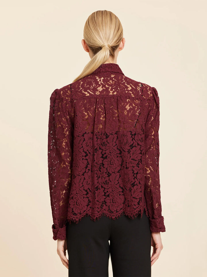 Floral Lace Pearl Button Longsleeve Blouse in Burgundy