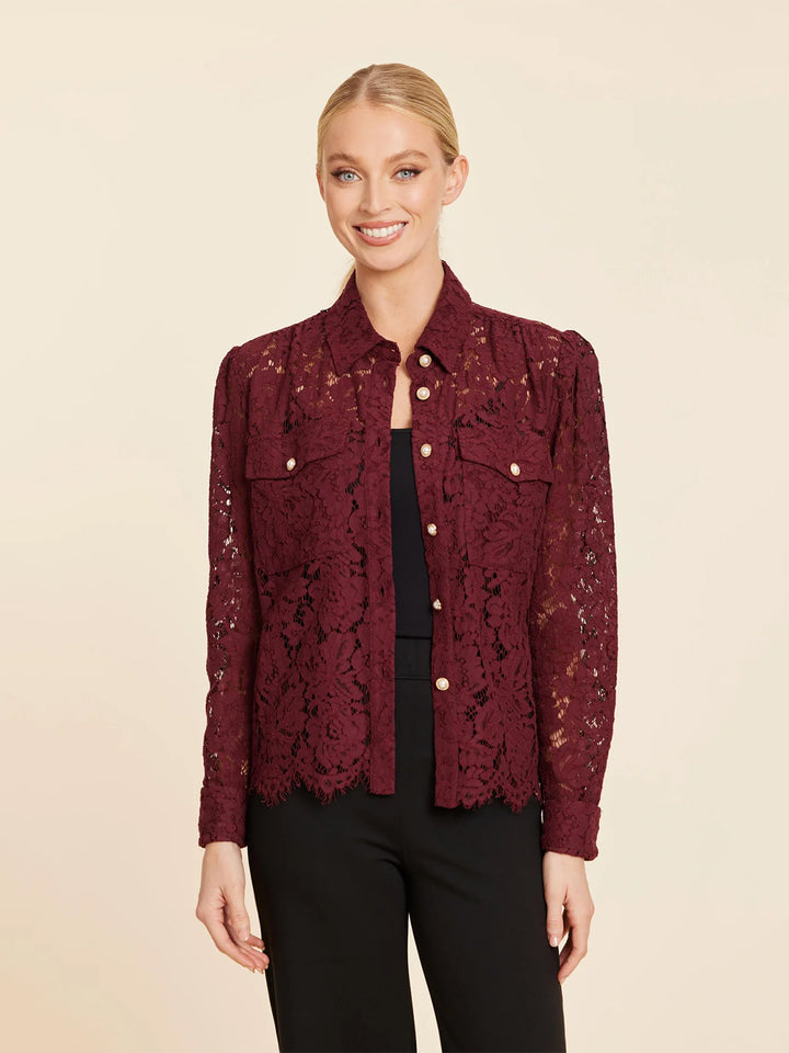 Floral Lace Pearl Button Longsleeve Blouse in Burgundy