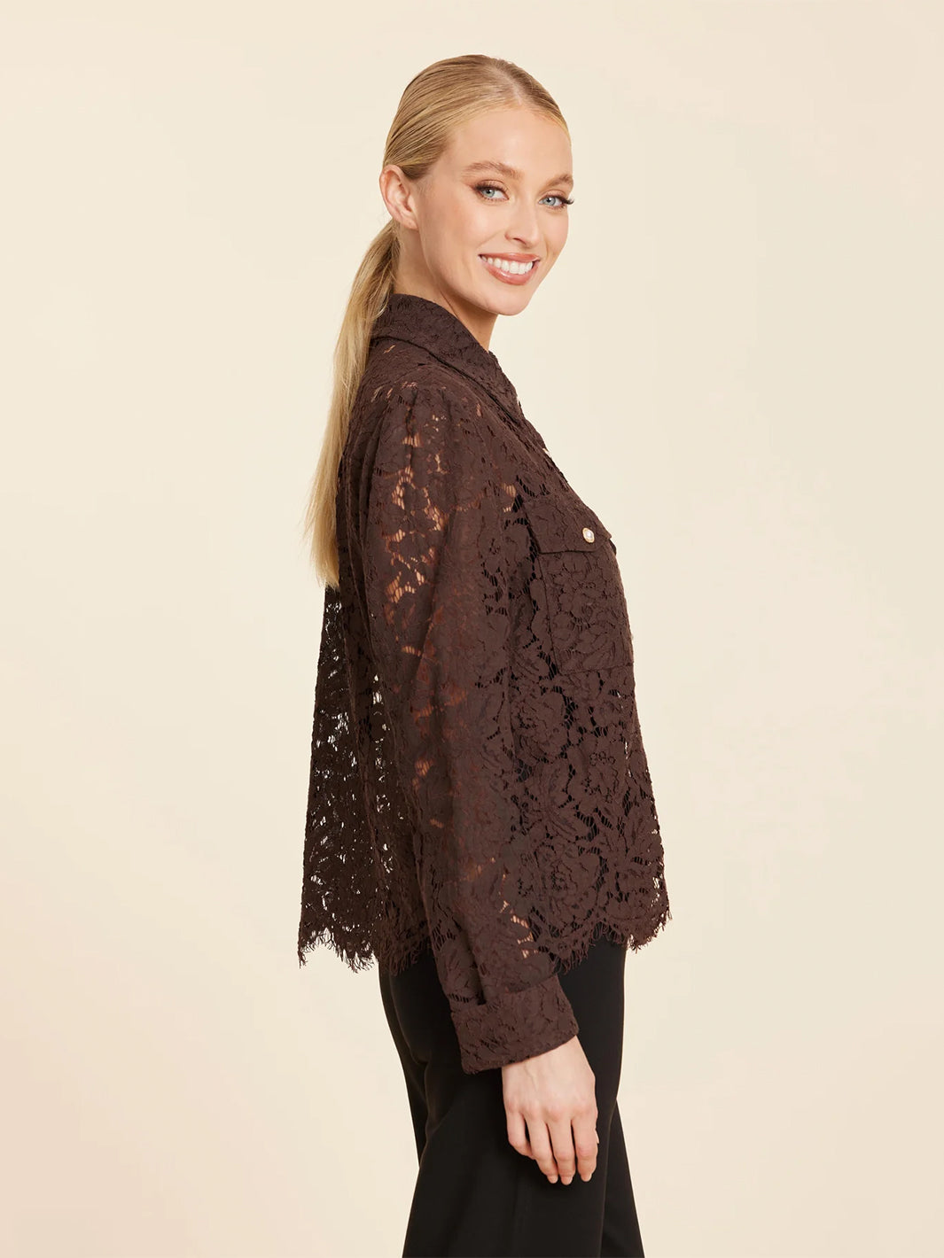 Floral Lace Pearl Button Longsleeve Blouse in Coffee