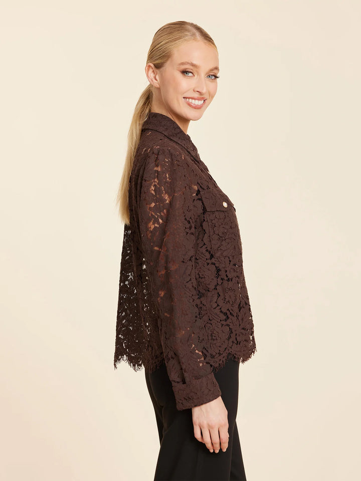 Floral Lace Pearl Button Longsleeve Blouse in Coffee
