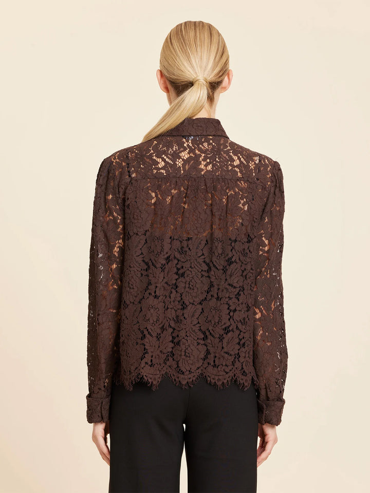 Floral Lace Pearl Button Longsleeve Blouse in Coffee