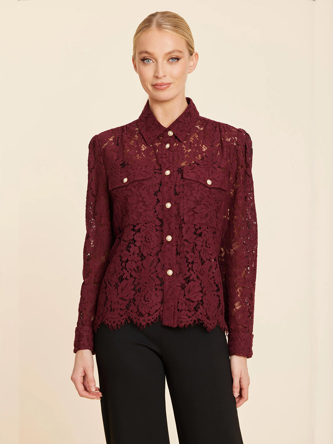 Floral Lace Pearl Button Longsleeve Blouse in Burgundy