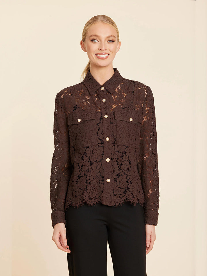 Floral Lace Pearl Button Longsleeve Blouse in Coffee