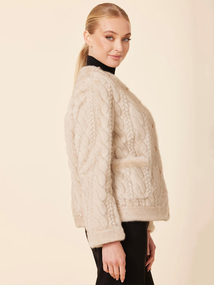 Faux Fur Cable Knit Design Jacket in Beige