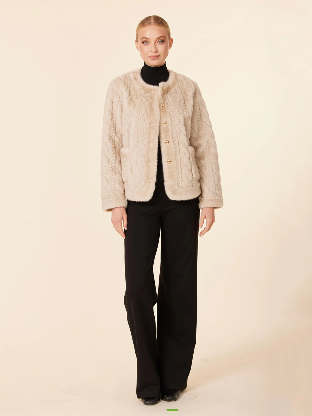 Faux Fur Cable Knit Design Jacket in Beige
