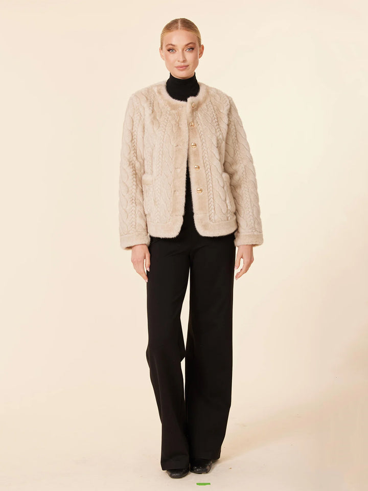 Faux Fur Cable Knit Design Jacket in Beige