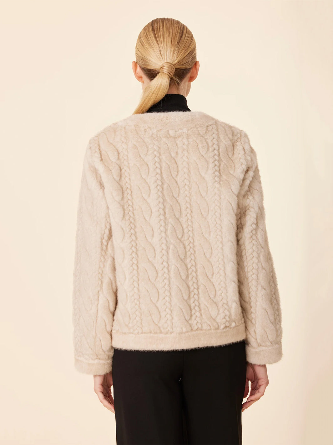 Faux Fur Cable Knit Design Jacket in Beige