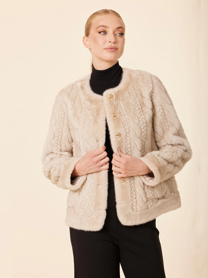 Faux Fur Cable Knit Design Jacket in Beige