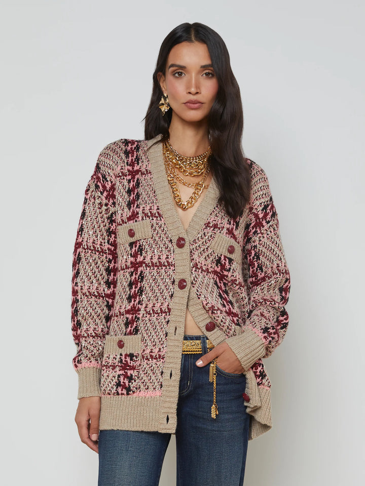 Macie Houndstooth Cardigan in Natural/Pink/Burgundy/Black Sequin