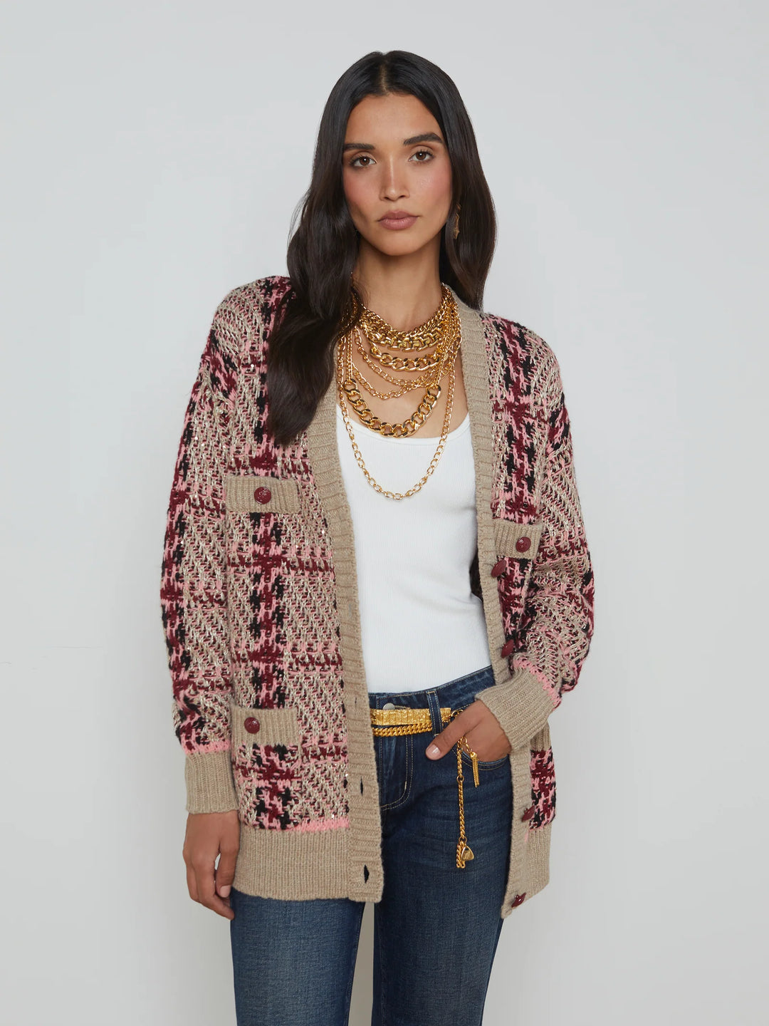 Macie Houndstooth Cardigan in Natural/Pink/Burgundy/Black Sequin