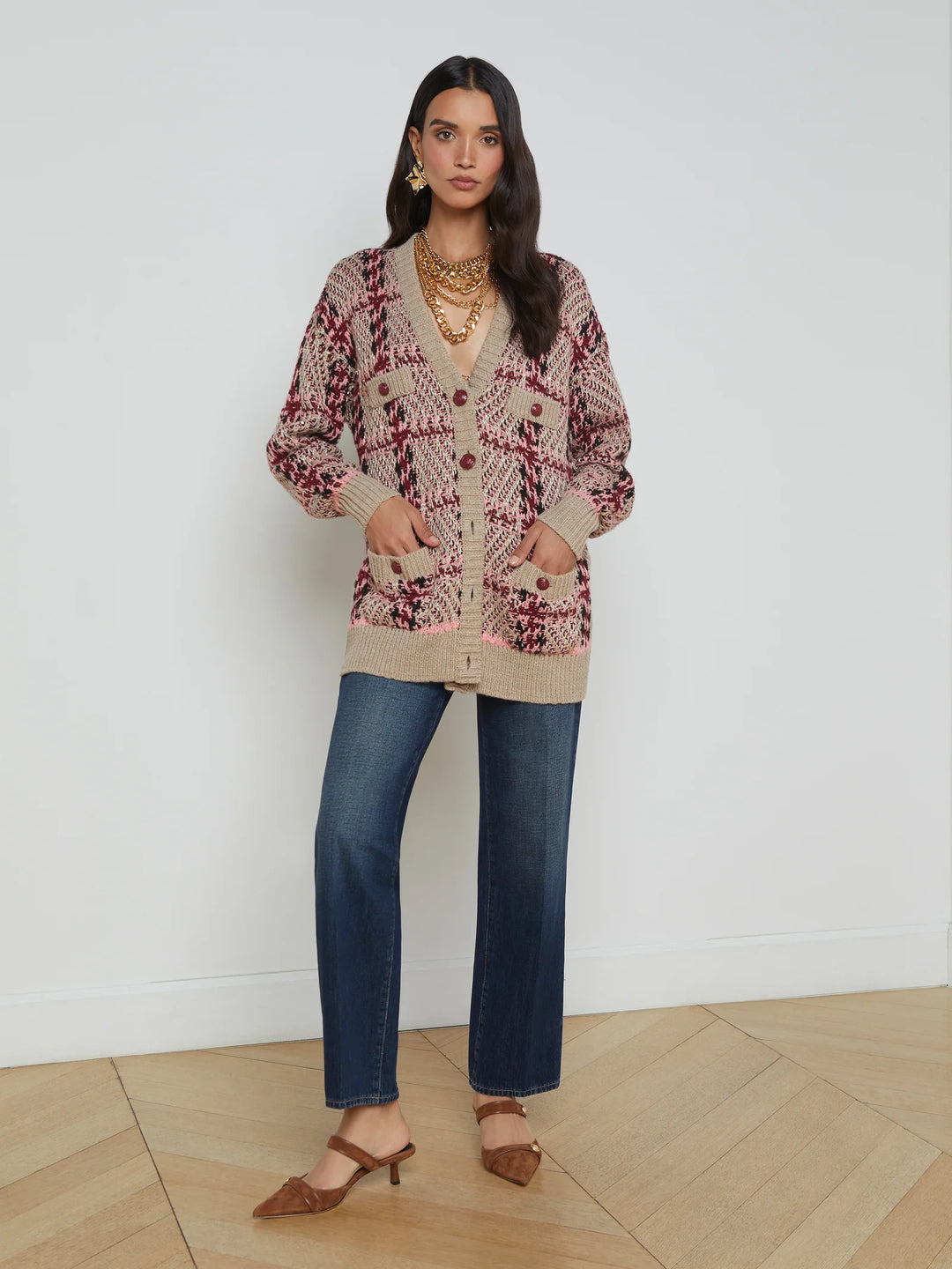 Macie Houndstooth Cardigan in Natural/Pink/Burgundy/Black Sequin