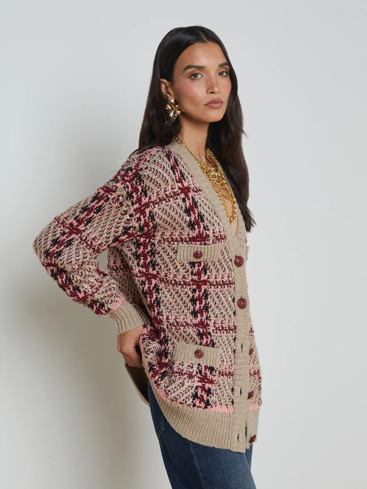 Macie Houndstooth Cardigan in Natural/Pink/Burgundy/Black Sequin