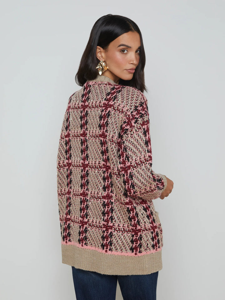 Macie Houndstooth Cardigan in Natural/Pink/Burgundy/Black Sequin