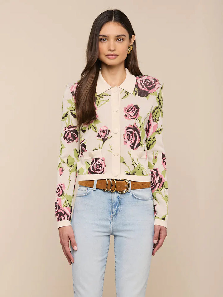Osiris Jacquard Cardigan in Ecru/Mauve Romantic Rose