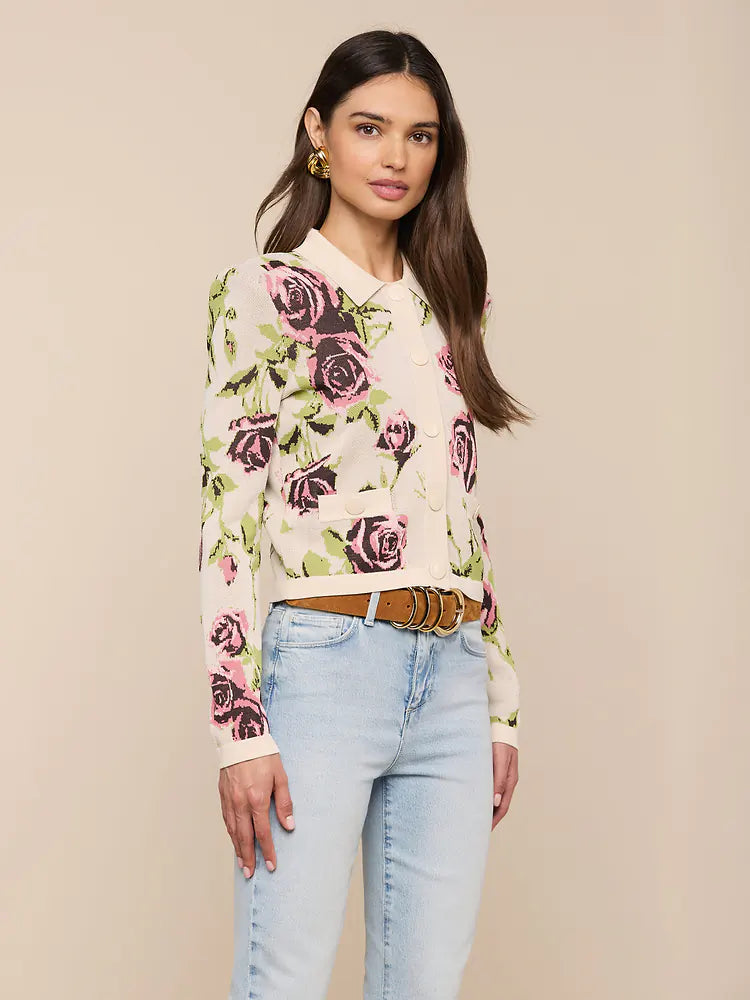 Osiris Jacquard Cardigan in Ecru/Mauve Romantic Rose