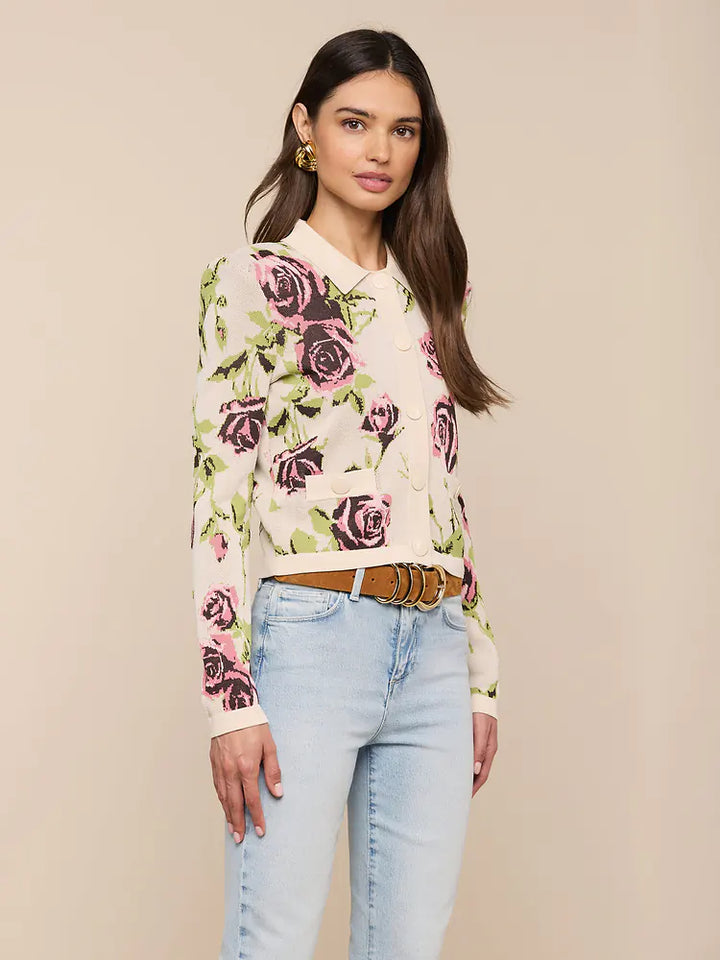 Osiris Jacquard Cardigan in Ecru/Mauve Romantic Rose